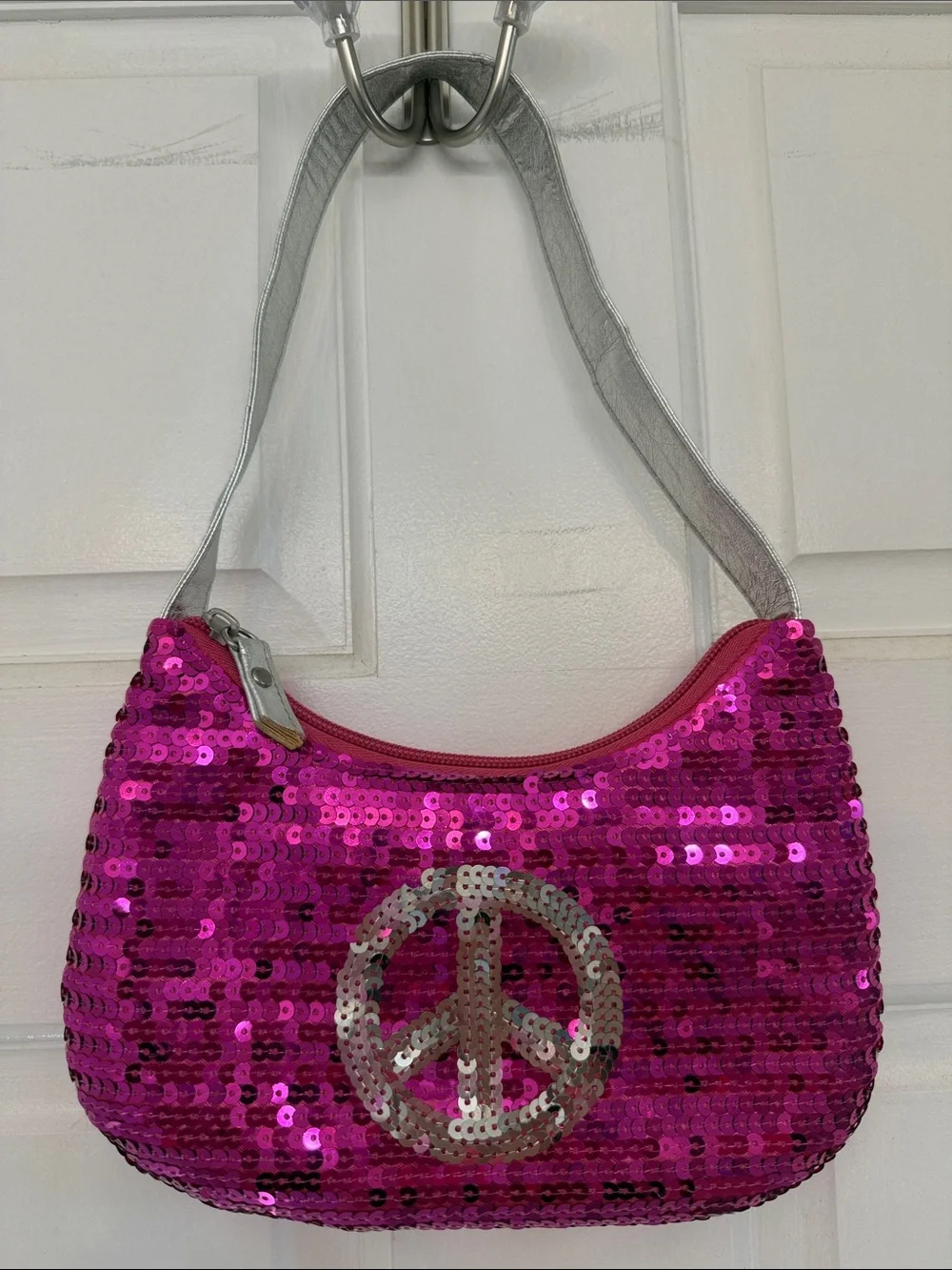 Girls Sequin Pink Peace Sign Shoulder Bag with Silver Strap